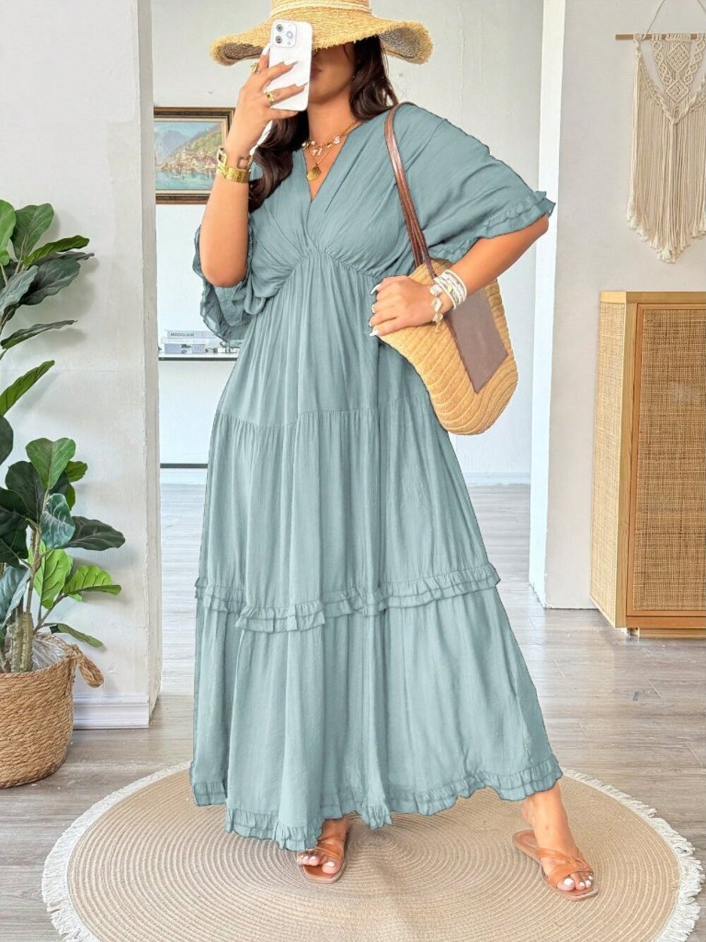 Blue Casual Women's Plus Size French Style Romantic Ruffle Trim Dress - Picture 6 of 7